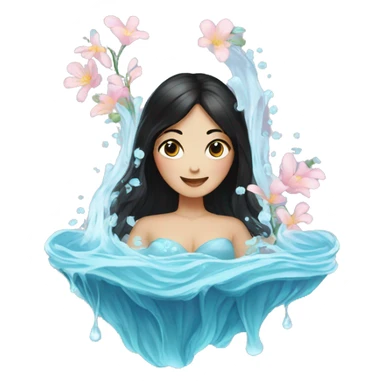 Lady with black hair filled with flowers surrounded by flowing water sticker