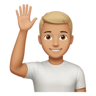 joven bronceado corte de soldado oscuro muy cortito polera blanca sonrisa bonita saludando mano arriba sticker