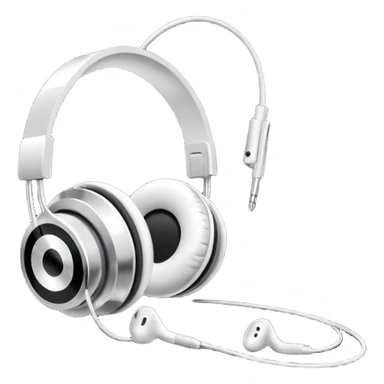 Futuristic iPod emoji with earphones, metallic black and white, smooth reflective surfaces, flat minimal vector design, clean UI style sticker