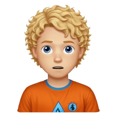 teenage boy with curly blond hair and blue eyes with freckles wearing an orange “Camp Halfblood” tshirt with the official percy jackson camp halfblood logo on it have hime doing a shocked face sticker