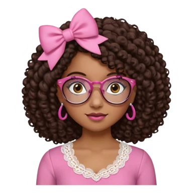 medium kinned afro-latina girl with medium length chocolate brown side part curly hair, small pink bow on the side, with brown glasses, brown eyes, noes piercing, pink and white sweekhart necklined top with lace, round wide-ish nose sticker