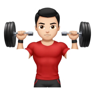a pretty bratz boy with black hair and a red tshirt, big biceps picking up dumbells sticker