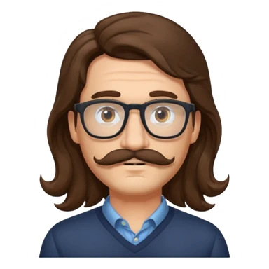 Man with long wavey brown haur glasses and mustache sticker