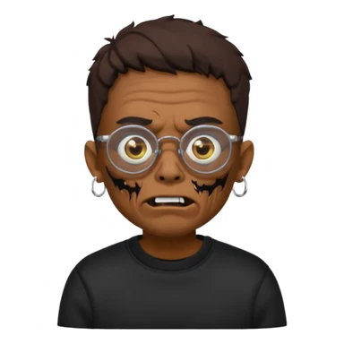 Chico moreno zombie, con gafas y sudadera negra, dos aretes en la oreja izquierda y dos en la derecha, ojeras en los ojos y sticker
