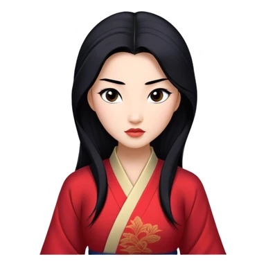 Cinematic Realistic Mulan Portrait, depicted with lifelike skin texture, soft natural lighting, and intricately detailed long black hair styled elegantly. Her deep, expressive eyes exude determination and grace, complemented by a serene yet confident expression. She is dressed in her classic attire, with rich fabric textures and delicate folds that catch the light beautifully. The portrait features a soft, enchanting glow with a natural, radiant finish, capturing the essence of timeless strength and beauty in a realistic and painterly style, evoking a sense of depth and authenticity. sticker