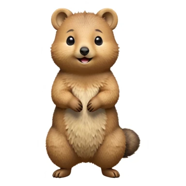 cinematic-quokka-realistic-full-body-standing-emoji,-small-round-frame-balanced-on-tiny-strong-hind-legs,-fluffy-brown-fur-radiating-a-warm-softness,-big-round-eyes-filled-with-joy-and-innocence,-tiny-clawed-paws-held-close-to-chest,-cheerful-smile-exuding-endearing-happiness,-simplified-yet-realistic-focused-features,-highly-detailed,-glowing-with-a-sunny-warmth sticker