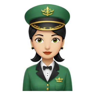 Lady hotel butler with green uniform black hair and just a lite bit brown skin and Arabic face with our hat please sticker
