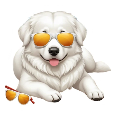 Great white ￼ Pyrenees dog lounging on the beach wearing sunglasses sticker