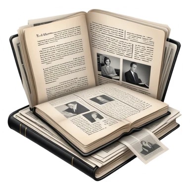 Icon for Non-Fiction & Narrative Reading: an open book with black-and-white photos on the pages, surrounded by a pile of newspaper clippings, and an open folder with top-secret documents. The icon should reflect the blend of real stories and facts in non-fiction literature. Transparent background. sticker