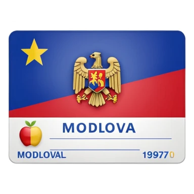 Moldova identification card for a business entity, apple emoji style, placeholder lines instead of text, featuring Moldova flag colors, generic card layout sticker
