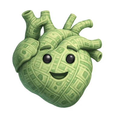 Make the heart look even richer and more voluminous, shaped like a realistic anatomical heart, made of money, memoji style, playful and expressive, 3D look, soft shading, no text sticker
