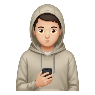 male memoji, young man in casual hoodie, holding smartphone, texting, distracted expression, casual everyday loo sticker