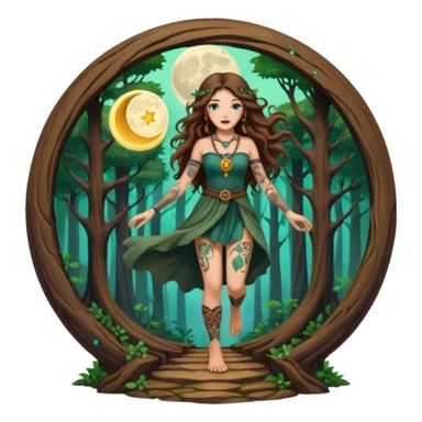 forest mystic woman long wavy brown hair tattoos stepping through small moon portal sticker