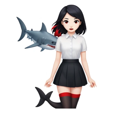 A girl in a white shirt, a black skirt and stockings with black hair, but there are glimpses of red on some areas of hair and also with a shark tail sticker