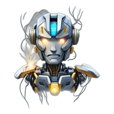 friendly transformers robot style AI with brain exposed circuit wires lightning explosion overwhelmed anime style sticker