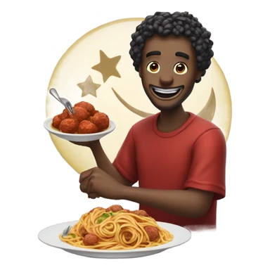 M create a crescent, moon, eating spaghetti while smiling with red sauce and meatballs with a spoon and a fork and hand and a napkin around his neck sticker
