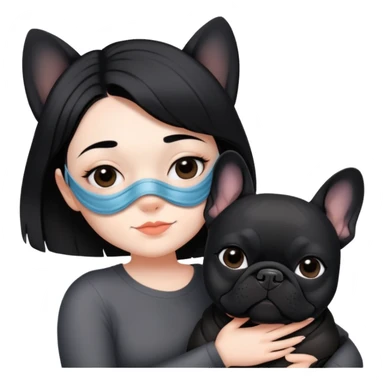 girl with short black straight hair wearing a mask and hugging a black French bulldog sticker