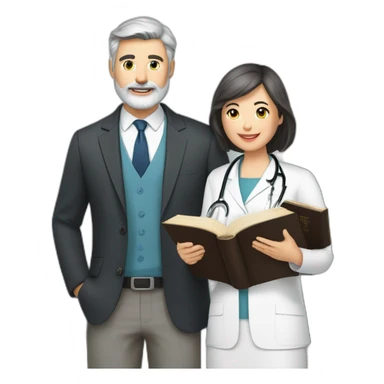 husband classy caucasian partly gray hair trimmed beard wearing business suit holding bible, with wife asian age 55 dark hair nurse uniform, no children sticker