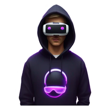Russian man wearing a black hoodie with "OMG" letters on it and VR headset in a cyberpunk VR environment with violet neon lighting. sticker