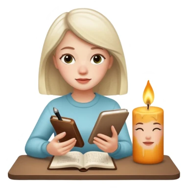 white-skinned 20-year-old woman, attractive, journaling with scented candle by her side, iPhone memoji style sticker