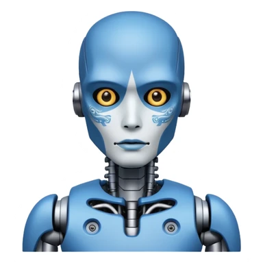blue Tatooed robot, big many tatooes on chest, neck and face, white tatoo on face sticker