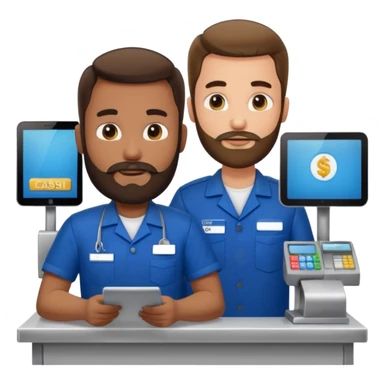 Supermarket employee at a cash register, full body, serving a man sticker