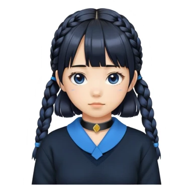 A Japanese girl with double braids and bangs wearing a black sweater with a blue collar sticker