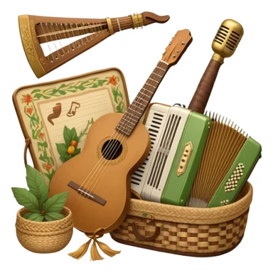 Create a warm and rustic emoji representing folk singing, using a humanless collage. The design should feature traditional folk instruments such as a balalaika, domra, or accordion, arranged around a vintage microphone to evoke a sense of community and storytelling. Include elements like a woven basket, traditional scarves, or musical notes to symbolize the connection to nature and heritage. Use earthy tones like brown, green, and gold, with subtle accents to emphasize the folk style. The background should be transparent. sticker