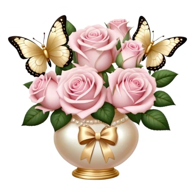 Realistic aesthetic bouquet of roses. Three white and three light pink in a pearl vase and a beige bow with gold decoration and a butterfly with gold and beige wings sticker