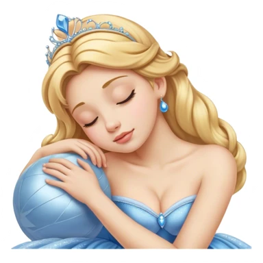 Cinematic Realistic Sleeping Cinderella Portrait, portrayed with exceptional realism: her luminous porcelain skin and exquisitely detailed golden-blonde hair lie softly under the gentle caress of natural light. Her eyes are peacefully closed in a serene, dreamlike slumber, and every fold and shimmer of her iconic ball gown is rendered with painstaking detail. The overall composition radiates a quiet, enchanting glow that encapsulates the timeless, restful beauty of a princess lost in a gentle, magical dream. sticker