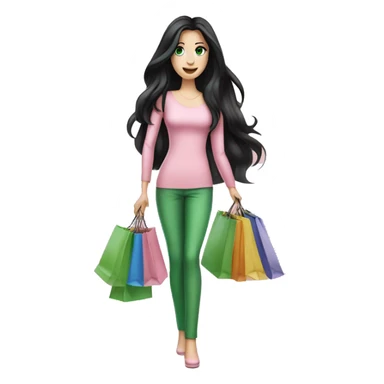 pretty white woman with very long black hair and green eyes and light pink outfit holding a ton of shopping bags sticker