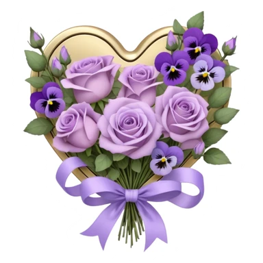 A vintage bouquet of wilted mauve roses, delicate violet pansies, and fragrant lavender sprigs is gently wrapped in soft lilac silk ribbons, tied into a loose, romantic bow, with a small heart-shaped locket resting among the petals, whispering secrets of a love long past sticker