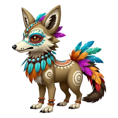 Furry cute colorful exotic tribal feral anime-styled Fakémon-Pokémon-animal-creature with a wolf-skull-head-mask-face, and colorful feathers around neck, with long furry ears, long furry tail, 4 legs, (full body), with intricate pattern-markings sticker
