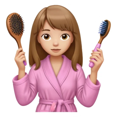 a girl with light skin and medium brown long hair with bangs who is brushing her hair with a hairbrush and she is wearing a light pink bathrobe sticker