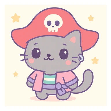 Male pirate cat in kawaii style with an oversized red hat, cute face, gray fur, and a silver earring. sticker