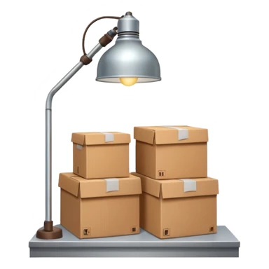 front view of a warehouse shelf with packages and a single round lamp on top sticker