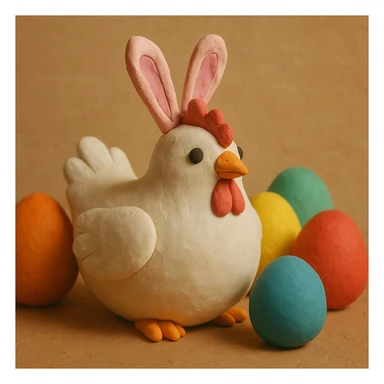 a white hen with pink bunny ears and colourful eggs, 3D claymation style sticker