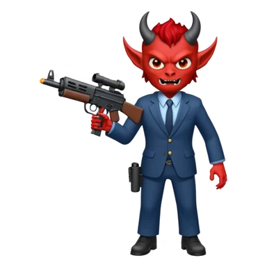 A Demon from hell that is dressed like a fbi agent with a machine gun, full body pointing the machine fun to the left. In the style of your be sticker