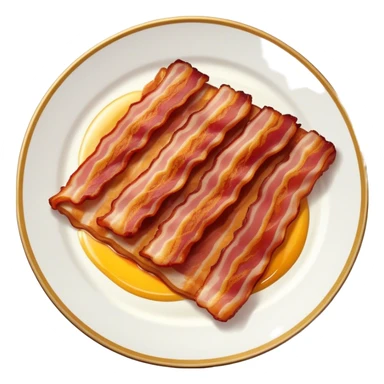 Cinematic crispy sizzling bacon, slightly curled, golden-brown with a perfect crunch, glistening with rich flavor, deep warm tones, served on a breakfast plate, comforting and indulgent. sticker