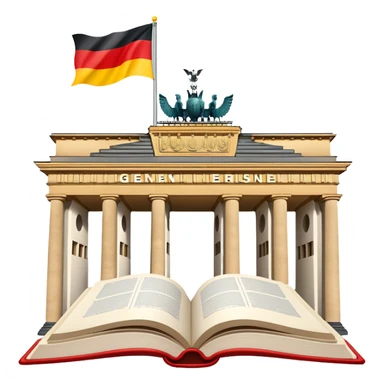 An icon featuring the Brandenburg Gate and the big flag of Germany, symbolizing the German language. The design includes an open book with German text representing language learning and German culture. Transparent background highlights the essence of German heritage. sticker