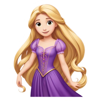 Cinematic Radiant Rapunzel Portrait Emoji, rendered in a flat vector style with clean proportions. Show Rapunzel with a gentle smile, fair, glowing skin, and her iconic long golden hair cascading softly, wearing a simple, elegant purple dress. The image radiates a warm, enchanting glow, high shine, and is accentuated by a soft glowing outline. sticker