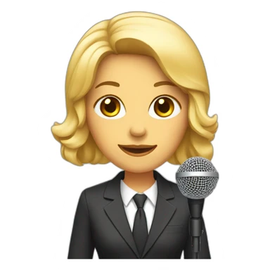 Woman wearing a suit while holding a microphone sticker