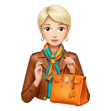 Mature equestrian woman wearing a leather Hermes jacket and a multicolored silk scarf around her neck. She has an orange Hermes Birkin Bag. I want the image to be close up, starting from the waist up.  sticker