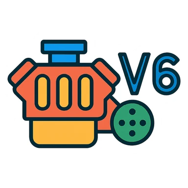 compact 6-cylinder engine icon with 'V6' beside it, minimal and easy to read, no background sticker