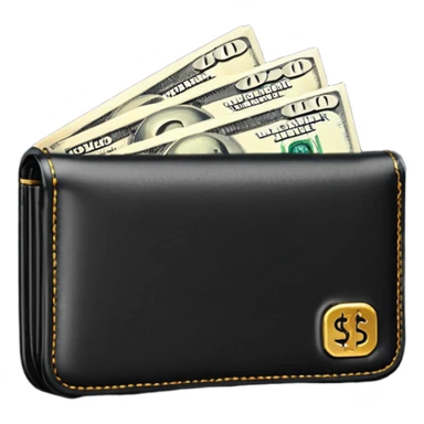 Rich emoji style black leather wallet with dollar bills, luxury money vibe, premium 3D emoji, ultra clean, high detail, no background sticker