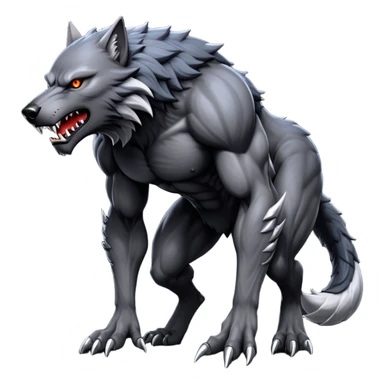 cinematic-noble-fierce-werewolf-full body on all fours-emoji, poised-and-imposing, with a tall, lean, and muscular wolfish frame inspired by the brutal, imposing shape of the beast from Berserk, fur rippling in shades of midnight black and silver, massive paws with razor-sharp claws, elongated limbs and fangs, eyes glowing with an intense, primal ferocity, reflecting the untamed power of the wild moonlit night; rendered with realism like a wolf hunched over sticker