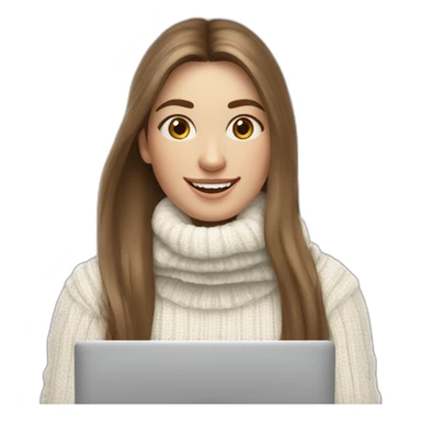 smiling without showing teeth woman with pale skin middle brown long straight hair with a laptop and a coffee mug wearing a white woolly shirt and a white woolly scarf with a turtle neck sticker