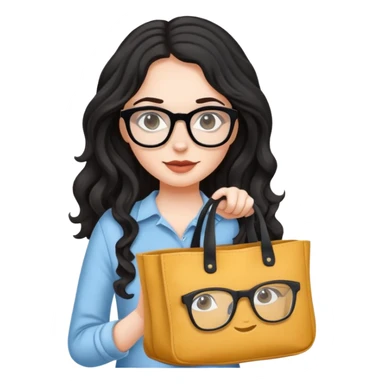 A white girl with black wavy long hair, wearing Wearing glasses and Crossing a tote bag sticker