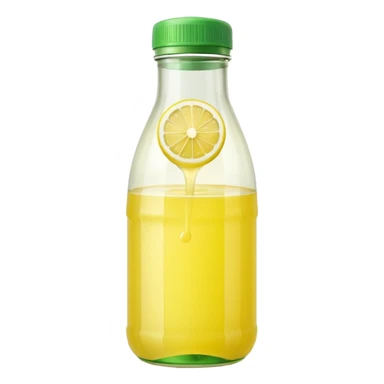 realistic lemon juice bottle, transparent, pale yellow juice, lemon-shaped or curved plastic, light translucent, green or yellow cap, clean minimal, no branding, no glass, no lemon slices, no background, no faces, clean 3D, soft lighting, transparent background, emoji scale sticker