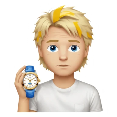 Create a look for a blond boy with long, tousled hair, light eyes, a white t-shirt, a wealthy appearance, blue eyes, and accessories like a Rolex or Cartier watch, and a cute face with messy hair down. sticker